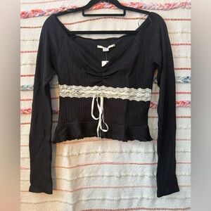 Urban Outfitters Kimchi Blue Black Crop Top with White Lace Detail - Size Medium